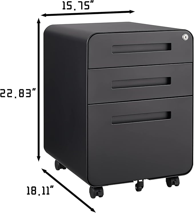 Secure 3-Drawer Mobile File Cabinet with Lock – Carbon Steel Filing Cabinet for A4/Letter/Legal – Under Desk Fully Assembled Anti-Tilt 5 Wheels Office Storage Organizer