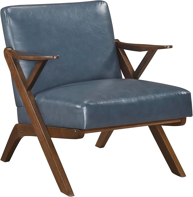 Lexicon Mid Century Modern Accent Chair Faux Leather Upholstered Lounge Seat Brown Finish Solid Wood Framed Comfy Side Chair for Living Room/Bedroom/Office/Waiting Area Blue