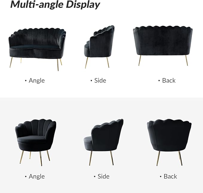 HULALA HOME 3 Piece Velvet Living Room Furniture Set Including Loveseat &amp 2 Sofa Chairs Modern Comfy Upholstered 2-Seater Sofa &amp Accent Chair Set for Bedroom Flower Shaped Back &amp Gold L