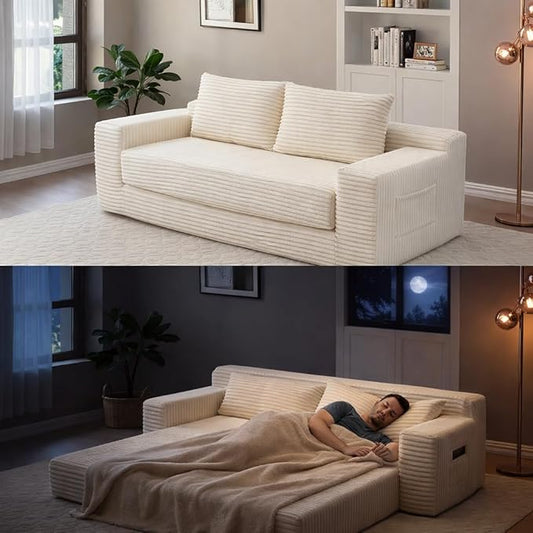 73INCH 2 in 1 Convertible Folding Couch Bed Corduroy Sleeper Sofa with Pull-Out Bed No Assembly Floor Sofa for Living Room Apartment &amp Small Spaces (Beige)