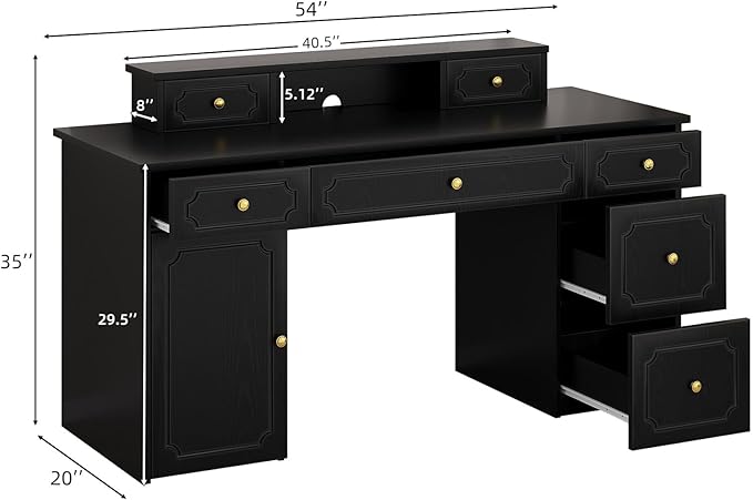 Catrimown Black Desk with 7 Drawers 54 Inch Computer Desk with Cabinet for Work Writing Study Vanity Desk with Golden Handle for Girls Bedroom