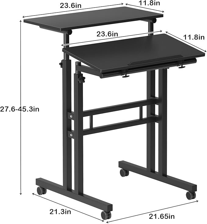 sogesfurniture Mobile Standing Computer Desk for Home Office Height Adjustable Laptop Workstation on Wheels with Keyboard Tray Small Portable Rolling Writing Table Sit to Stand Riser Black