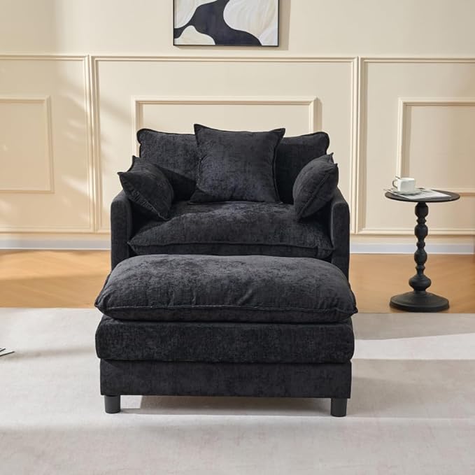 39.4 Modern Accent Chair with Ottoman Living Room Club Chair Chenille Upholstered Armchair Reading Chair for Bedroom (Black + Fabric + Plastic + Steel + Wood + 1 Seat + Foam)