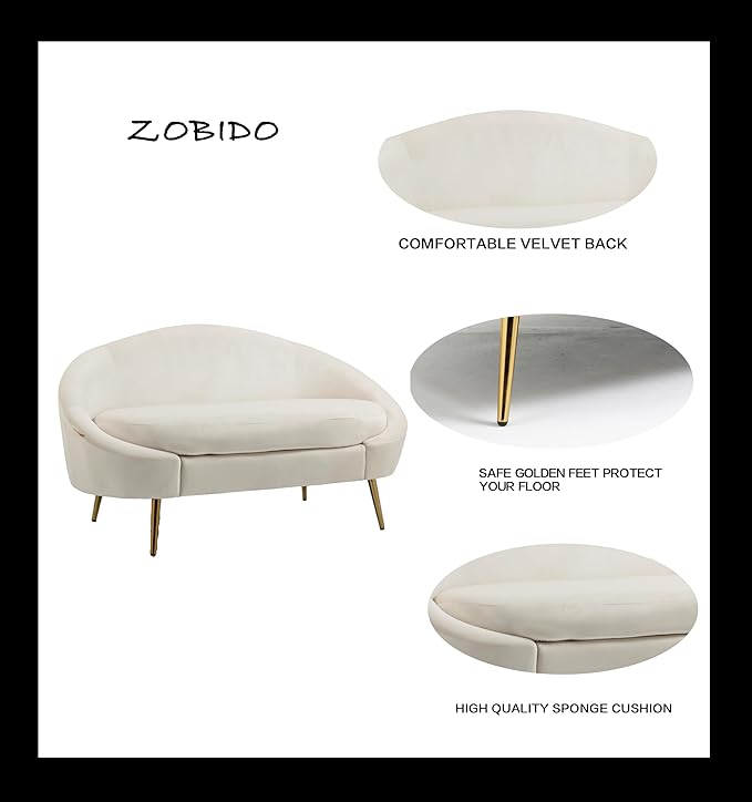 ZOBIDO Velvet Couch Modern Loveseat Sofa Twin Size Contemporary Sofas Upholstered Couch with Contemporary Velvet Upholstered Sofa Couch for Living Room and Bedroom(White)