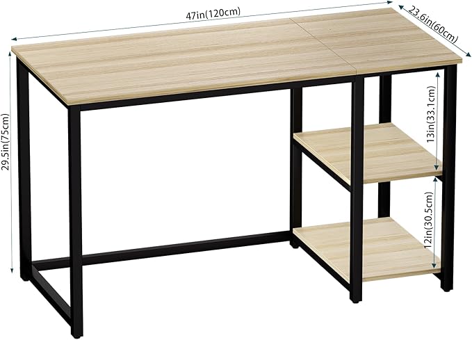 SINPAID Computer Desk 47 inches with 2-Tier Shelves Sturdy Home Office Desks with Large Storage Space Modern Gaming Desk Study Writing Laptop Table Oak