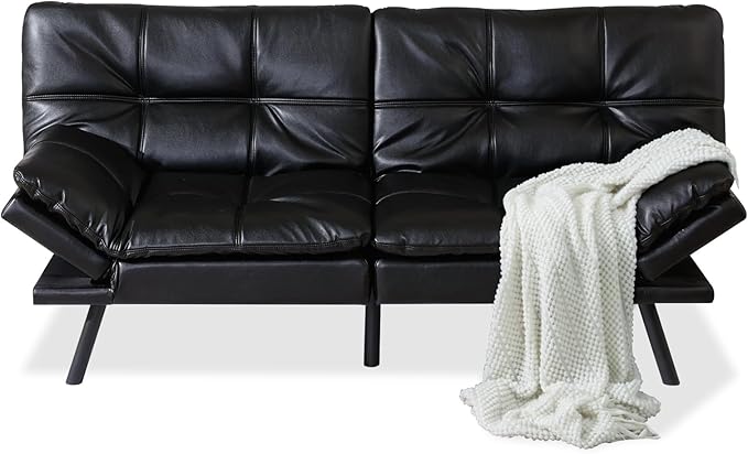 MUUEGM 71 Futon Couch Filled with Memory Foam Convertible Futon Sofa Bed with Adjustable Backrest Armrest Folding for Living Room Small Space Loveseat for Sleeper(Leather Black)