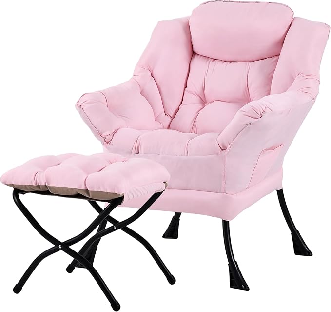 Tiita Lazy Chair with Ottoman Pink Modern Large Accent Chair Comfy Leisure Sofa Armchair with Ottoman Reading Chair with Footrest for Bedroom Living Room Dorm Rooms Pink
