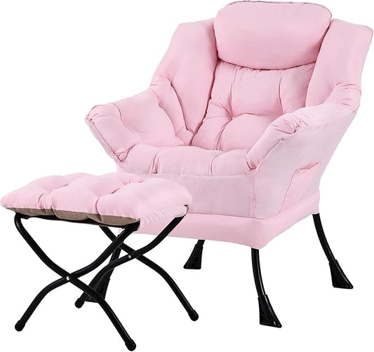 Tiita Lazy Chair with Ottoman Pink Modern Large Accent Chair Comfy Leisure Sofa Armchair with Ottoman Reading Chair with Footrest for Bedroom Living Room Dorm Rooms Pink
