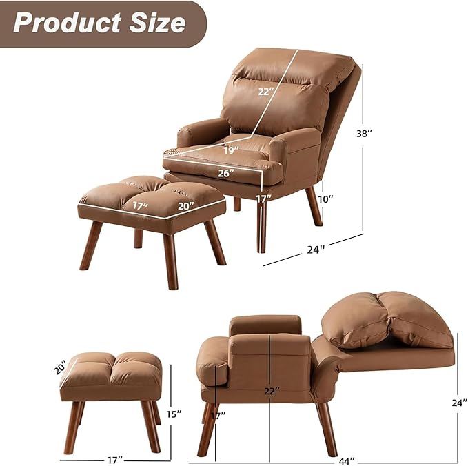 CANMOV Modern Accent Chair with Ottoman Soft Fabric Armchair with Adjustable Backrest and Side Pockets Comfy Lounge Chair for Living Room Bedroom Apartment Office Camel