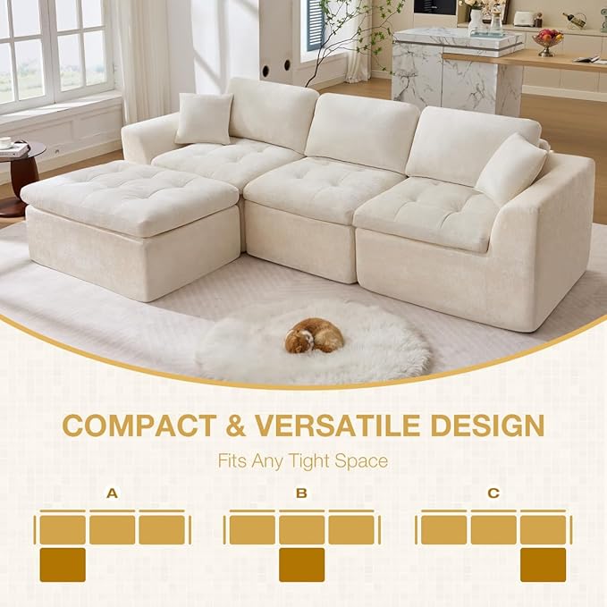 110 Cloud Sectional Couch for Living Room Upholstered L-Shape Modular Sofa with Movable Ottoman 3-Seater Deep-Seat Foam Couch Comfortable Convertible Sectional for Home &amp Apartment（Beige）