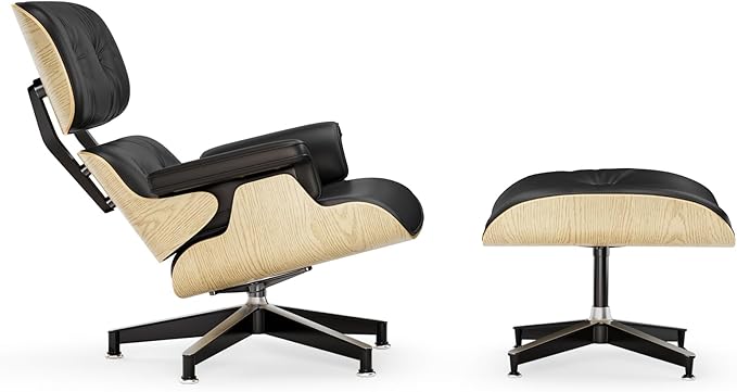 Top Black Grain Leather Mid Century Chaise Lounge Chair and Ottoman Modern Chair Classic Design Ash Wood Heavy Duty Base Support for Living Room Office