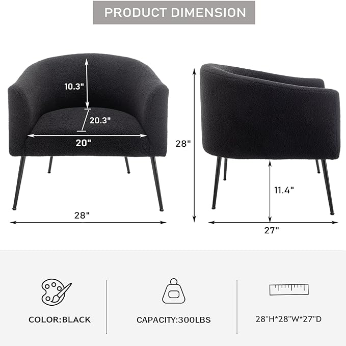 Modern Sherpa Boucle Accent Chair Upholstered Comfortable Armchair with Thicken Cushion Black Metal LegsComfy Reading Chairs for Living Room Bedroom Office(Black)