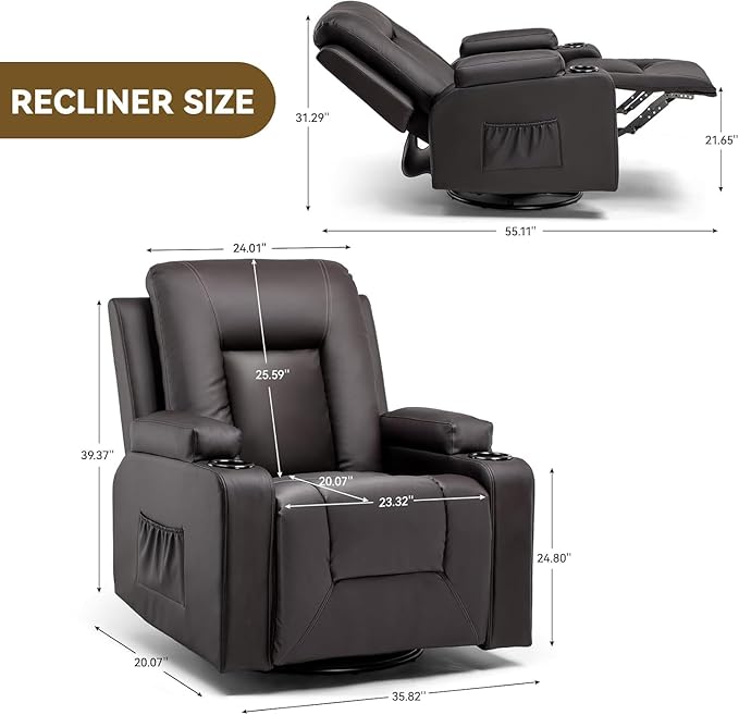 COMHOMA Recliner Chair Swivel Rocker Recliners Reclining Sofa with Side Pockets Cup Holders for Living Room Bedroom (Brown)