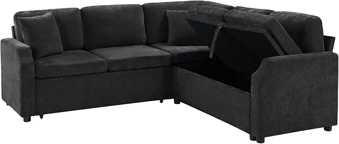 81.9 Sectional Sofa Bed L-Shaped Sectional with a Hidden Storage Compartment Versatile Pull-Out Sofa Bed with Cozy Throw Pillows for Living Room Apartments Offices (Black-04e)