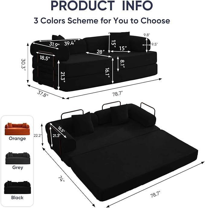 ijuicy 4-in-1 King Convertible Floor Sofa Bed w/ 2 PillowModular Sleeper Sofa/Folding Futon Couch Bed w/Cylindrical Backrest and Fixed FrameLounge CouchCorduroy Compression Sofas for Home-Black