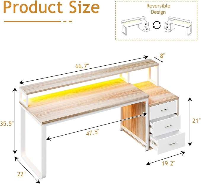 HOMBCK 67 Computer Desk with 3 Drawers Home Office Desk with Long Monitor Stand and Printer Space Office Desk with Storage &amp LED Lights Writing Desk with Drawers Walnut and White