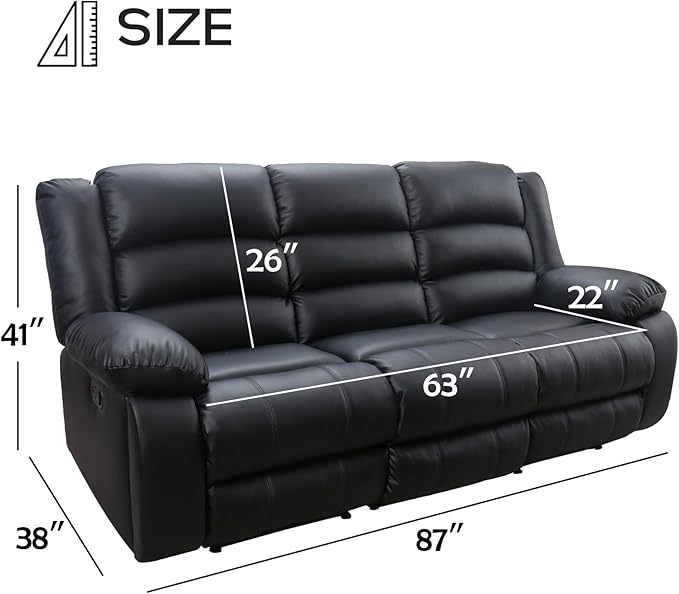EBELLO Faux Leather Manual Reclining Sofa with 2 Concealed Cup Holders Overstuffed Armrest 3 Seat Recliner Couch for Living Room Bedroom Meeting Room Black