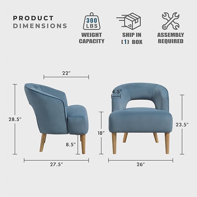 Lexicon Accent Arm Chair Modern Comfy Velvet Accent Chair Open Back with Solid Wood Legs for Living Room/Bedroom/Office/Waiting Room Blue