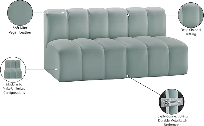 Meridian Furniture 101Mint-S2A Arc Collection Modern | Contemporary Modular Sofa with Soft Mint Green Vegan Leather Deep Channel Tufting Modular 60 W x 31 D x 30 H Mint