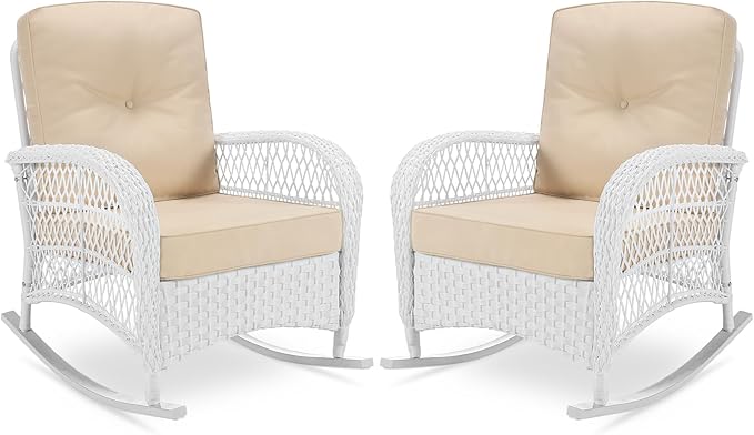 VIVIJASON 2 Piece Patio Wicker Rattan Rocker Chair Outdoor Rattan Rocker Chair with Cushions &amp Steel Frame All-Weather Rocking Lawn Wicker Furniture for Garden Backyard Porch (White Wicker/Beige