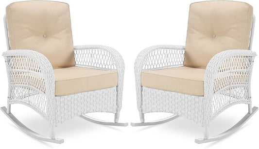 VIVIJASON 2 Piece Patio Wicker Rattan Rocker Chair Outdoor Rattan Rocker Chair with Cushions &amp Steel Frame All-Weather Rocking Lawn Wicker Furniture for Garden Backyard Porch (White Wicker/Beige
