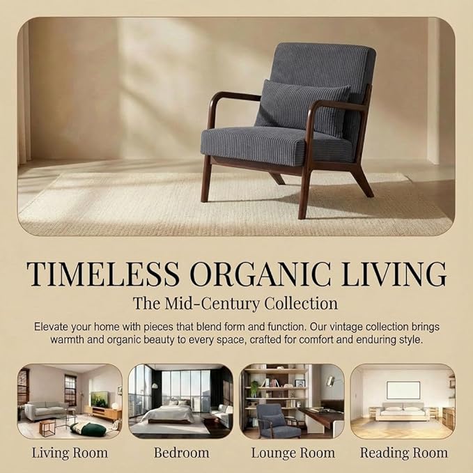 Corduroy Upholstered Mid Century Modern Accent Chair with Wide Armrests and Pillow Comfy Reading Armchair for Living Room Bedroom Guest Room (Antique Dark Grey+Walnut Finish Frame)