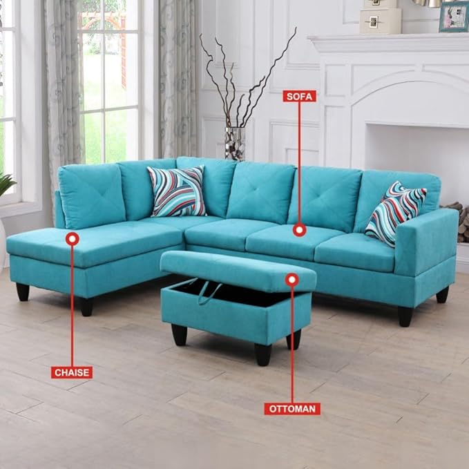 Light Blue L-Shaped 3-Piece Linen Sofa with Storage Ottoman Set Sectional Couch Sofa Set for Living Room Office Small Space