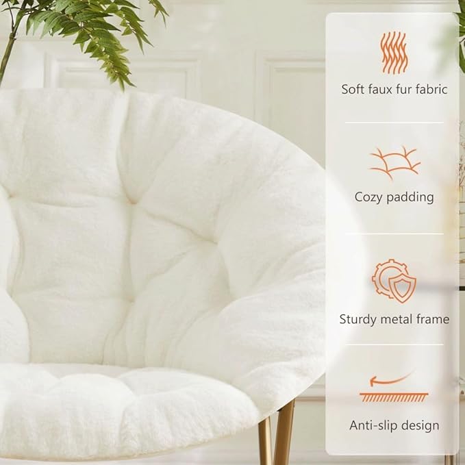 Simple Deluxe Saucer Chair Round Foldable Reading Chairs X-Large Size Cozy Papasan Chair Comfy Furry Padded Moon Chair Round Dorm Chairs for Bedroom Living Room White