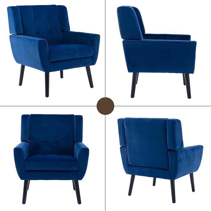 Modern Accent Chair Velvet Upholstered Armchair with Thick Padding Fluffy Comfy Reading Chair Cozy Living Room Chair with Black Wood Legs Single Sofa Chair for Home Office Bedroom Blue
