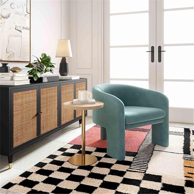 Pemberly Row Modern Sea Blue Velvet Accent Chair 29.9 W x 28.5 D x 28.2 H Kiln-Dried Pine Frame Sculptural Design Sumptuous Upholstery Handmade Statement Piece for Living Room or Bedroom