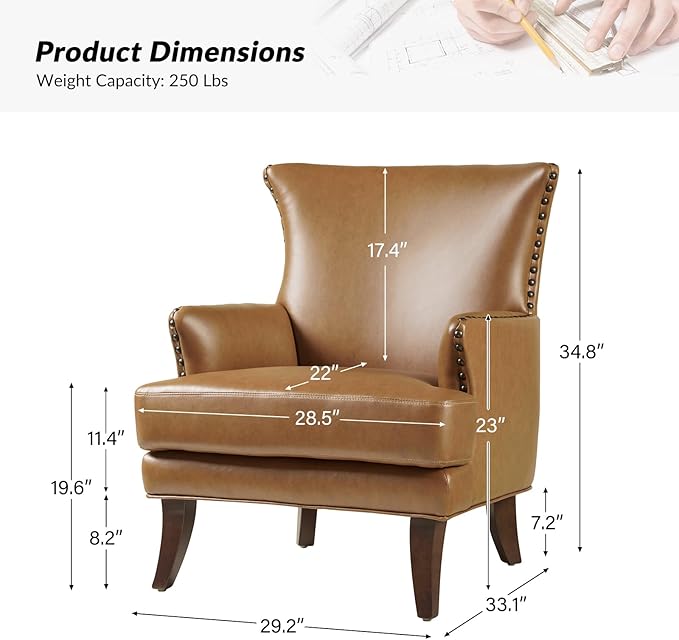 HULALA HOME Faux Leather Accent Chair for Living Room Mid-Century Modern Wingback Chair Single Comfy Sofa Chair with Arms Upholstered Reading Chairs for AdultsCamel