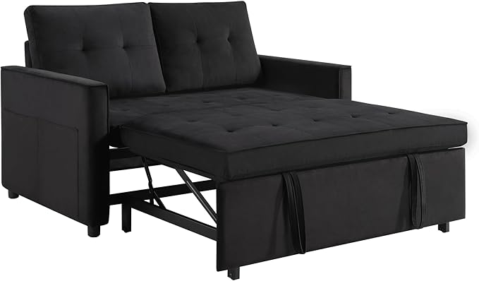 Sofa Bed Pull Out Couch with Side Pockets 3 in 1 Velvet Fabric Loveseat Sleeper Sofa Bed Pull Out Couch with Adjustable Backrest for Living Room Bedroom Apartment Black 53 Inch