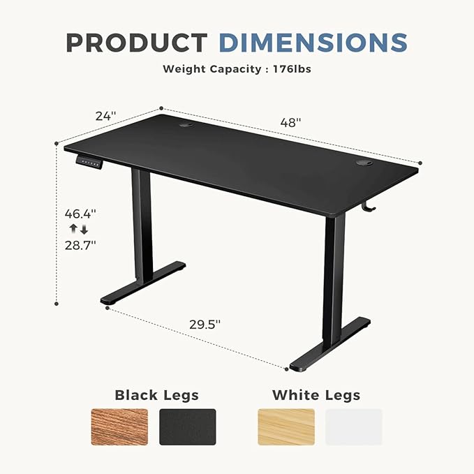 Electric Standing Desk 48 x 24 Inches Lift Motorized Gaming Table with T-Shaped Metal Ergonomic Memory Controller Home Office Desk Computer Desk Black