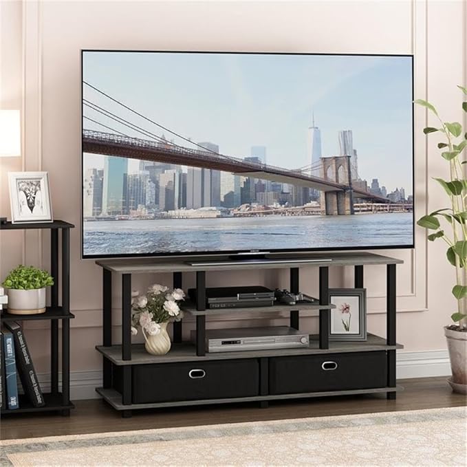 Furinno JAYA Large Stand for up to 55-Inch TV French Oak 47. 63(W) x 15. 55(H) x 22. 79(D) Inches. Grey/Black