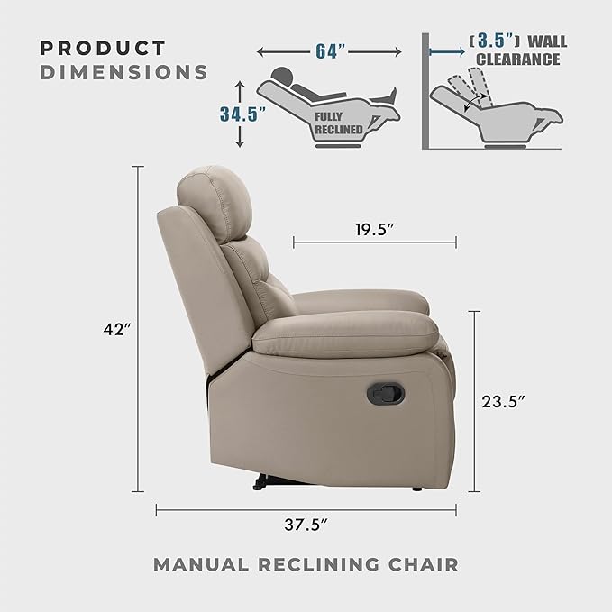Lexicon 41 W Manual Reclining Chair Top Grain Leather Match Recliner Home Theater Seating Wall Hugger Recliner Manual Reclining Sofa Chair for Living Room/Office/Apartment Latte