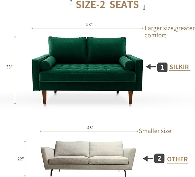 SILKIR Velvet Loveseat Sofa Love Seats Furniture for Small Spaces Mid-Century Modern Loveseats for Living Room Love Seat Couch 58 Inches Green