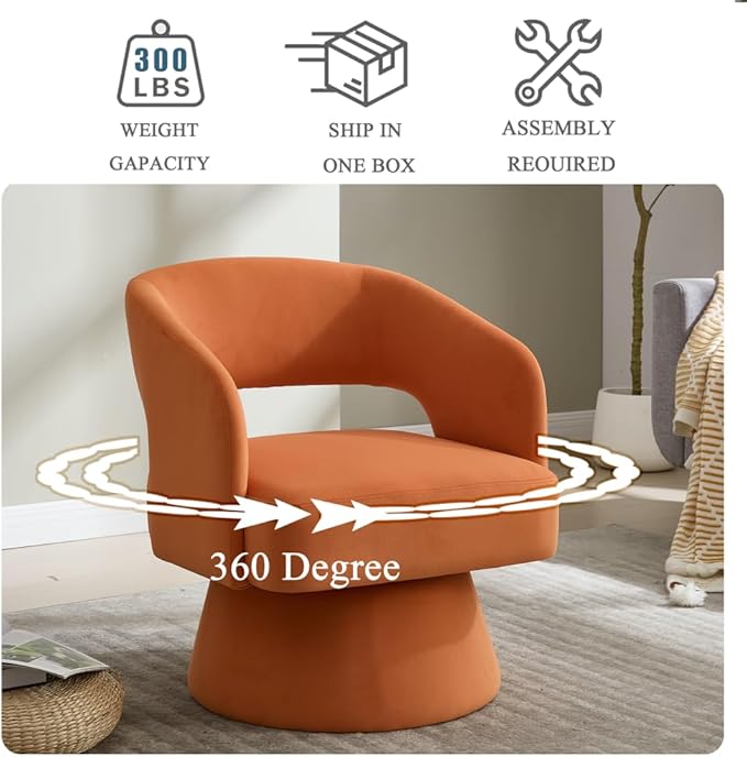 Swivel Barrel Chair Velvet Accent Armchair 360 Degree Swivel Club Chair for Living Room Bedroom Reception Room (Orange + Foam + Steel + Velvet + Foam)