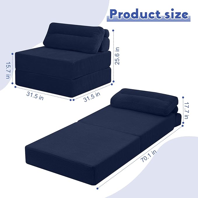 MeMoreCool Folding Sofa Bed Single – Convertible Sleeper Chair with Pillow Navy | Foldable Mattress Back Support Portable Fold Out Chair Bed Comfy Floor Sofa Lounge for Living Room Bedroom