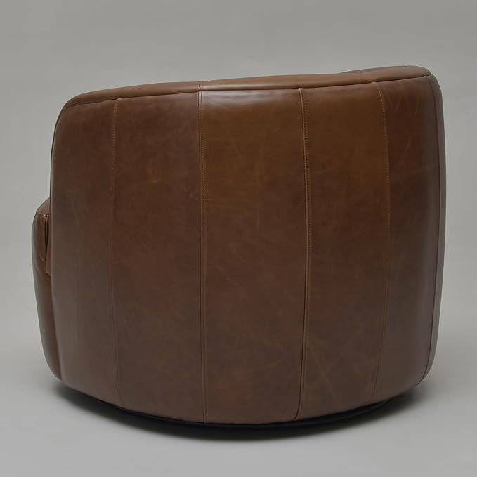 KINWELL 33''W 100% Top Grain Genuine Leather Swivel Barrel Armchair No Assembly Round Upholstered Leather Accent Chairs with Toss Pillow for Living Room Office Lounge (Dark Brown Genuine Leather)