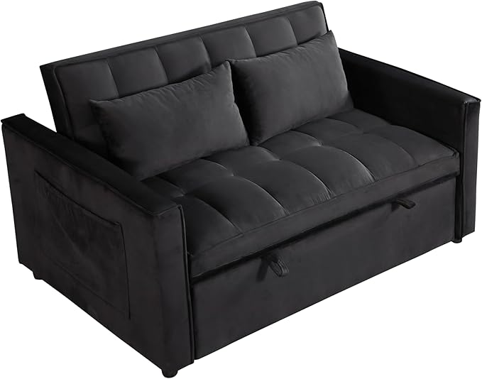 Sleeper Sofa Velvet Pull Out Sofa Bed Convertible Sofas Couch Adjustable Backrest Loveseat Sofa Couch Side Pocket for Living Room OfficeSmall Space-Black
