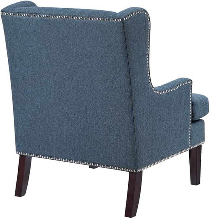 Pemberly Row Contemporary Wingback Accent Chair Blue Textured Fabric Upholstery Nailhead Trim High Backrest Cushioned Seat Sturdy Wooden Legs Stylish Living Room or Office Decor