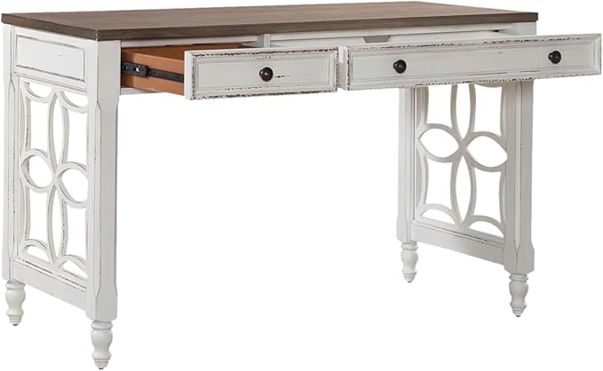 Liberty Furniture Magnolia Manor 4 Piece Opt L Shaped Writing Desk Set Keyboard Tray European Traditional Home Office - Antique White &amp Weathered Bark Oak Wood