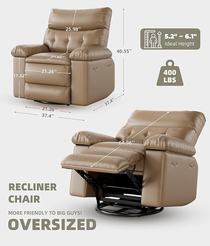 Regular Manual Recliner Chair for Adults PU Leather Comfy Reclining Chair with Overstuffed Arms &amp Back Side Pocket Modern Single Sofa for Living Room BedroomKhaki