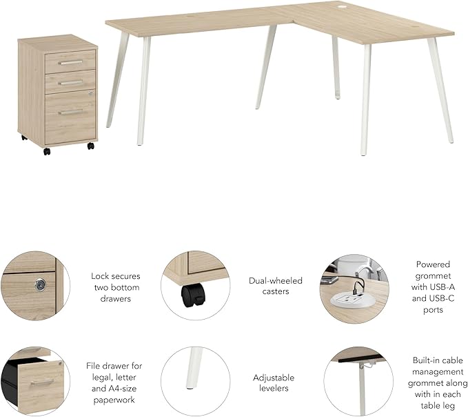 Bush Business Furniture L Shaped Computer Desk 60 inch with 3 Drawer Mobile File Cabinet Gaming Corner Table with Storage for Home Office Vista Collection Modern Beige/White