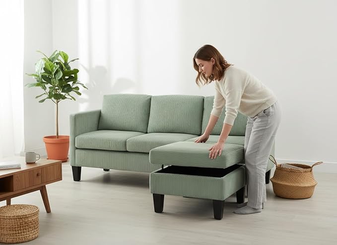 Modern L-Shaped Sofa with Corduroy Fabric 3-Seater Sectional Couch for Small Space Space-Saving Design Easy Assembly (Green)