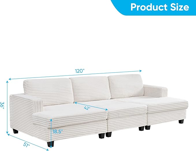 Mjkone 120 W Oversized Deep Seat Sofa Upholstered Corduroy 3 Seat Sofa Modular Sectional Couch with Wooden Frame Modern Sleeper Sofa Bed for Living Room Office Beige