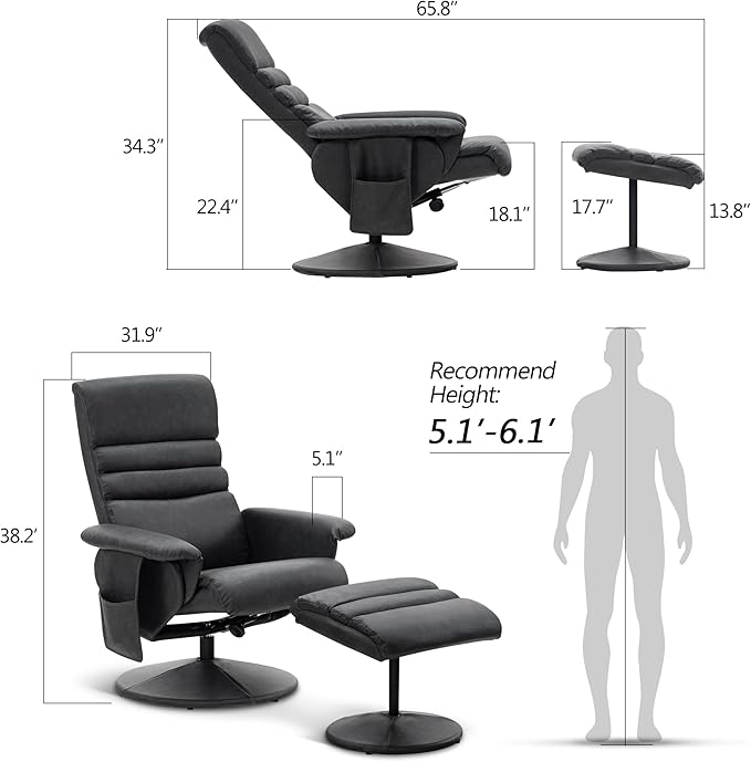 MCombo Recliner with Ottoman Reclining Chair with Massage 360 Swivel Living Room Chair Faux Leather 7902 (Dark Grey)