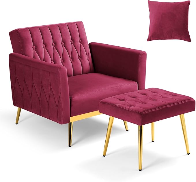 Velvet Accent Chair with Adjustable Armrests and Backrest Button Tufted Lounge Chair Single Recliner Armchair with Ottoman and Pillow for Living Room Bedroom Fuchsia