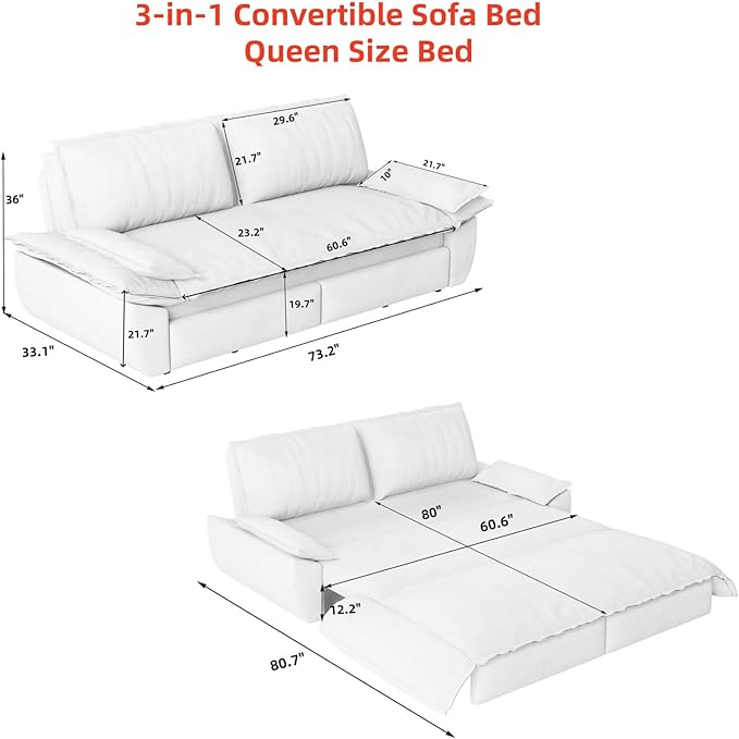 73.2 Queen Pull Out Sofa Bed 3-in-1 Convertible Sleeper Sofa Velvet Small Loveseat Couch Bed with 2 Throw Pillows Multi-Functional Couches for Living Room Apartment and Office