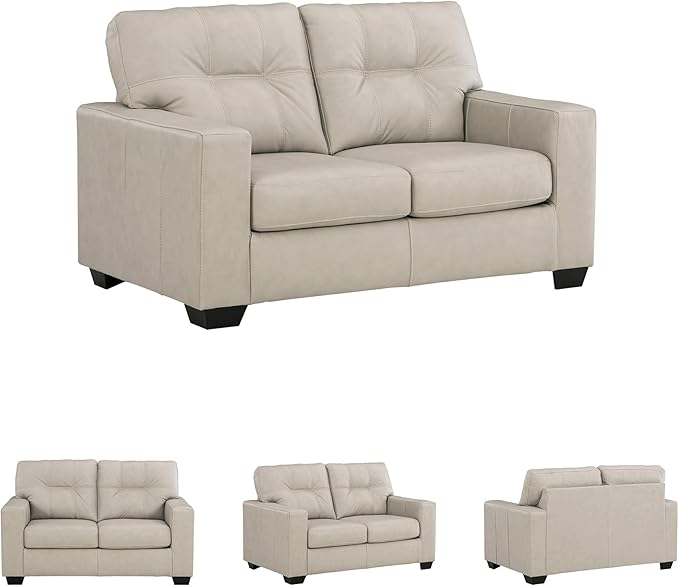 Signature Design by Ashley Santorine Classic Leather Match Loveseat with Tufted Cushion and Removable Cushion Light Gray